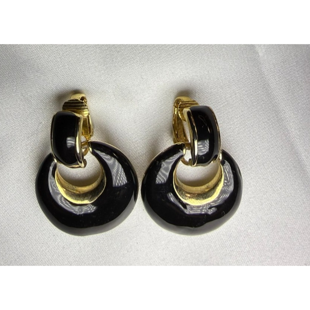 Vintage Black Enamel and Gold Tone Door Knocker Hoop Earrings Clip